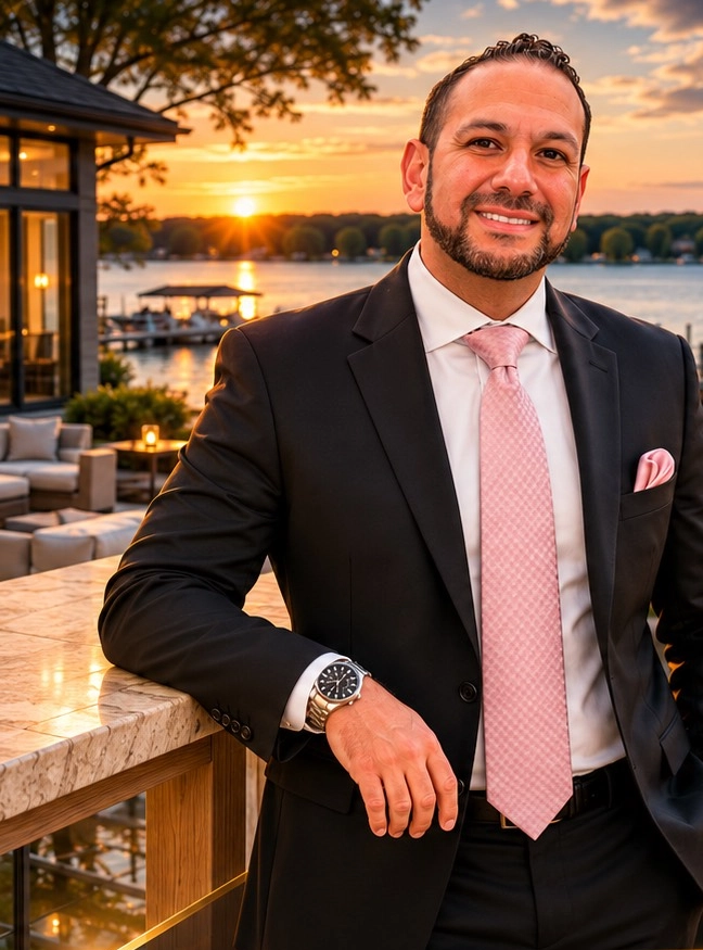 Mark Abdel standing on a lakefront patio at sunset in Wayzata, Minnesota